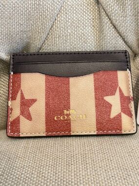 NEW Coach Leather Card Case Slim Flat Holder Star Stripe 3366 White Red